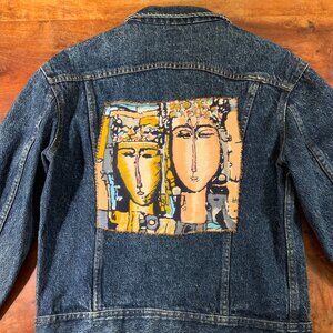 Lee dark denim jacket with abstract portrait art patch size small